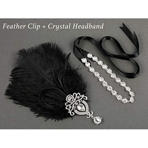 SWEETV 1920s Feather Headpiece Black, Womens Ostrich Feather Crystal Headband, Great Gatsby Hair Accessories for Women, Ribbon Tie