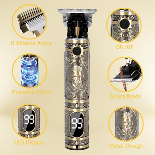 Hair Clippers,T-Blade Rechargeable Hair Trimmer with LCD Display,Cordless Professional Trimmer Shaving Kit Gifts for Men,Gold