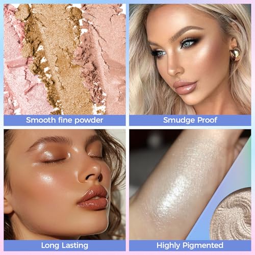 Face Highlighter Palette, Illuminator Powder Palette White Highlighter Baked Waterproof Long Lasting Brilliant Lighten Skin Color Face Contour Powder Makeup Highlighter