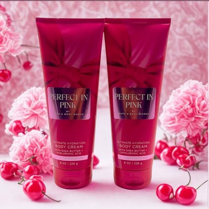 Bath & Body Works PERFECT IN PINK Ultimate Hydration Body Cream Gift Set with a Blue Bow for Holidays 8 oz each ? Pack of 2