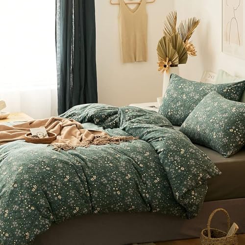 Queen Green Floral Jersey Knit Cotton Duvet Cover Set - Vintage Botanical Bedding