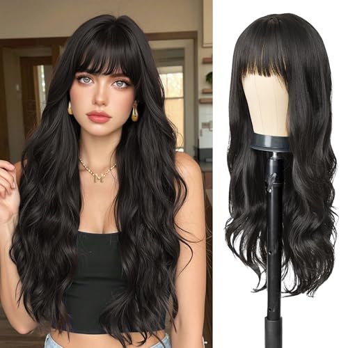 Black Wig for Women 26 Inch Synthetic Wavy Hair with Bangs - Cosplay & Daily Wear