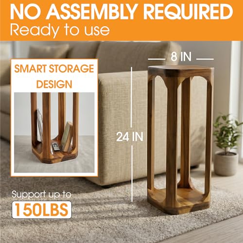 Small Square Side Table - 24 Inch Tall Acacia Wood End Table for Sofa, Balcony, Small Spaces