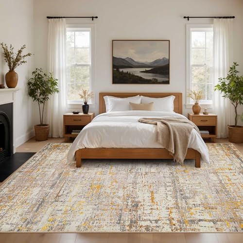 8x10 Beige Gold Modern Abstract Washable Rug for Living Room - Rugxara