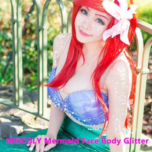 MEICOLY Blue and Clear White Face Body Glitter Set,Mermaid Face Glitter Gel,Singer Concerts Festival Rave Accessories,Sparkling Sequins Glitter Face Paint for Women and Kids,Chunky Glitter Makeup