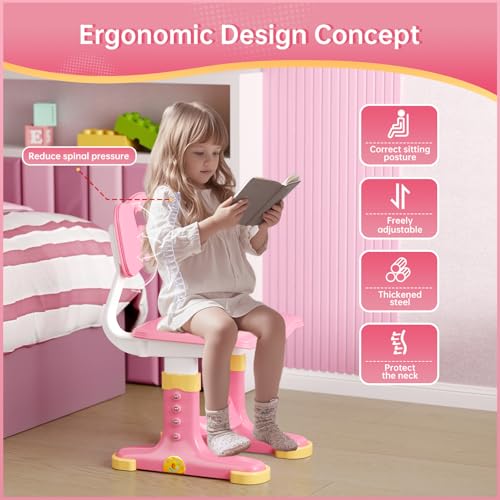 Pink Kids Adjustable Desk and Chair Set - Ergonomic Study Table for Children