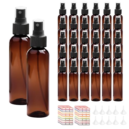 4 oz Amber Plastic Spray Bottles Pack of 36 with Funnels & Labels - Travel & Essential Oils