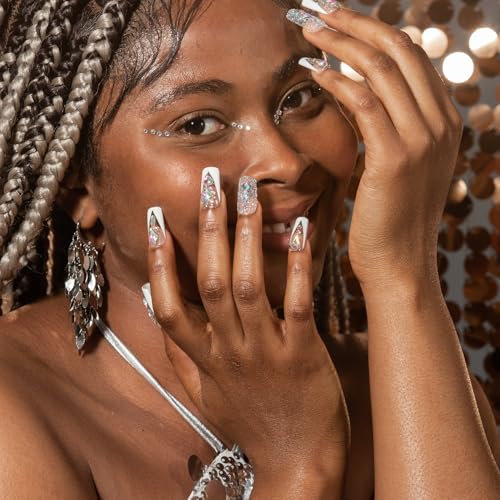 LOVFUL Reusable Press On Nails | Candy Diamonds White French Tip | Salon Quality Sustainable Style Handmade with Full Covered Crystals | Square Regular 1.0 in | H36-M