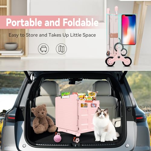 Pink Foldable Utility Cart with Telescopic Handle and 360° Swivel Wheels - Portable Shopping Dolly, Stair-Climbing, Magnetic Lid - PinkPro