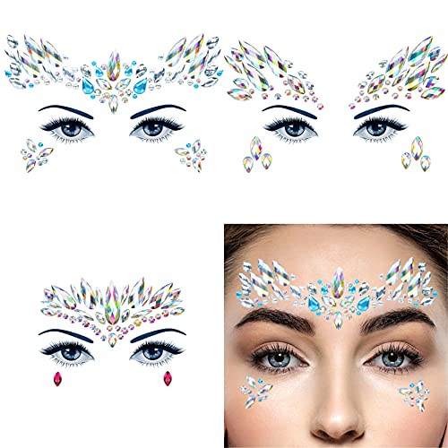 Face Gems 6 Sheets Face Jewels Stick On Rhinestones Stickers 30g Chunky Glitter, Gemstones Temporary Tattoo For Women, Festival Rave Outfit Euphoria Accessories (3Luminous)