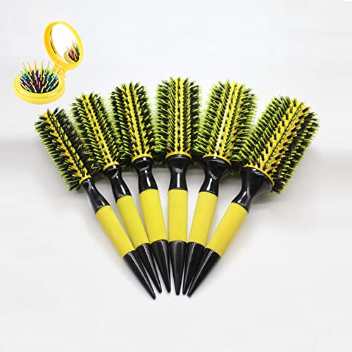 Yellow Thermal Round Boar Bristle Hair Brush Set for Styling & Scalp Massage - 6 Pieces
