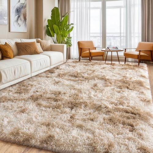 9x12Ft Shaggy Area Rug - Fuzzy Tie Dye Camel Living Room Carpet