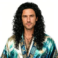 Mens Black Curly Shoulder Length Wig - Fluffy Realistic Cosplay Hair