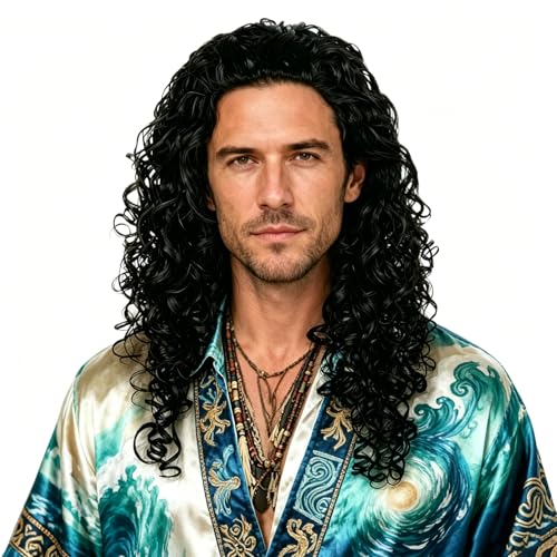 Mens Black Curly Shoulder Length Wig - Fluffy Realistic Cosplay Hair