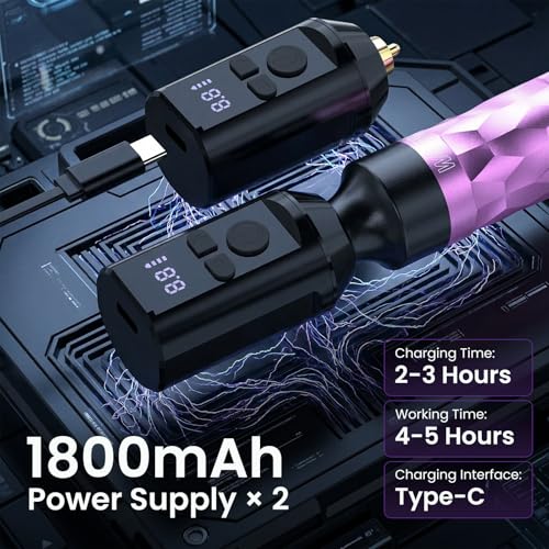 Wireless Tattoo Battery Pack - 2 x 1800mAh Rechargeable Power Supplies for Tattoo Guns