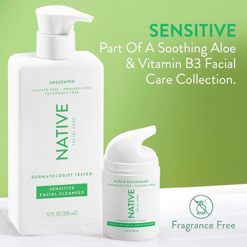 Native Sensitive Face Wash Unscented - Daily Facial Cleanser with Aloe & Vitamin B3 (2 Pack)