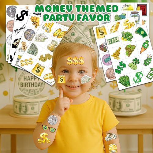 96 PCS Fun Money Pre-Cut Temporary Tattoos for Kids Theme Birthday Party Decorations Supplies Favors Decor, Cute Money Jar Stickers Tattoo Gifts for Boys Girls School Prizes Carnival