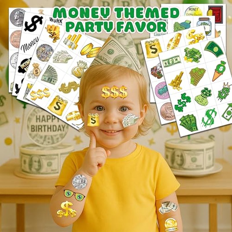 96 PCS Fun Money Pre-Cut Temporary Tattoos for Kids Theme Birthday Party Decorations Supplies Favors Decor, Cute Money Jar Stickers Tattoo Gifts for Boys Girls School Prizes Carnival