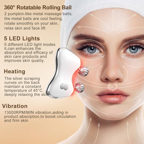Electric Gua Sha Facial Tools, Facial & Body Massager Tools with Heat and Vibration, 5 LED Lights Gua Sha Device with 2 Metal Roller for Eyes, Neck, Face