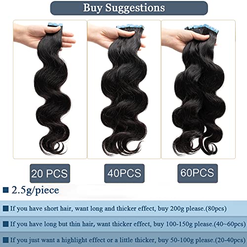 Smartinnov 18 Inch Black Body Wave Tape-In Hair Extensions 50g - #1B-BW