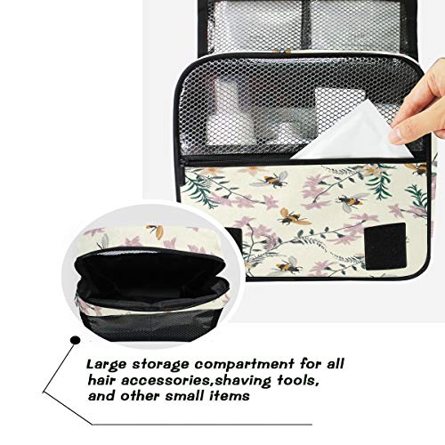 AUUXVA Travel Toiletry Bag Spring Bee Flower Floral Pattern Cosmetic Organizer Bag Hanging Makeup Bag with Zipper Pocket and Handle, Portable Wash Bag for Women Men Girls