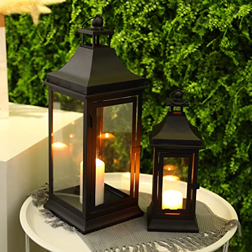 Vintage Outdoor Candle Lantern Set of 2 - Black, 13 and 19.5 Inches Tall