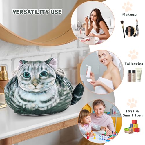Cat Shaped Drawstring Makeup Bag for Women - Grey Feline Cosmetic Organizer