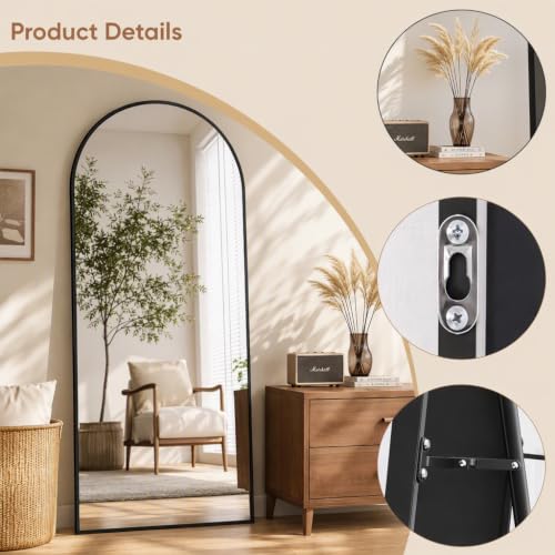 Easly 65x24 Black Arched Floor Mirror with Stand - Full-Length Wall Mirror, Aluminum Frame