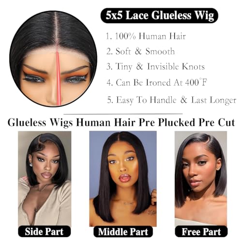 HWOWig 16 Inch Human Hair Bob Wig - Pre Plucked, Short Straight Lace Closure Wig for Black Women