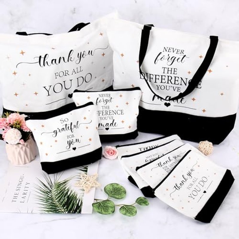12 Pcs Thank You Canvas Tote Bag for Women Mother's Day Gifts Bags Inspirational Makeup Bag with Zipper Employee Appreciation Tote Bags for Mom Nurse Teacher Lady Team Coworker