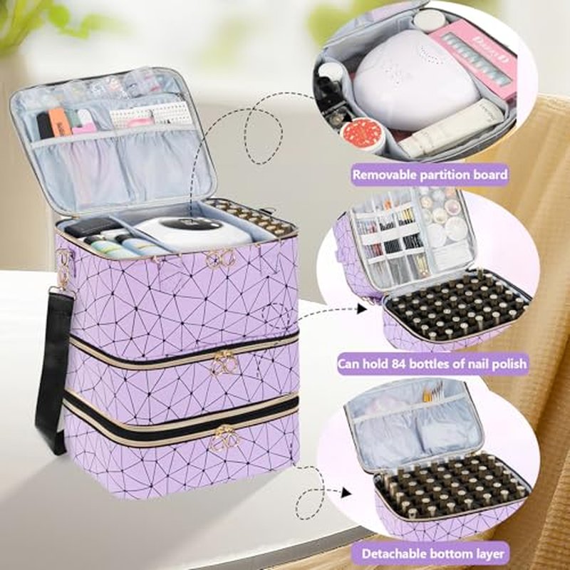 3-Layer Nail Polish Organizer Bag, Holds 84 Bottles and Lamp, Waterproof PU Leather Case with Reinforced Golden Zippers, Portable Nail Tech Travel Bag for Manicure Supplies