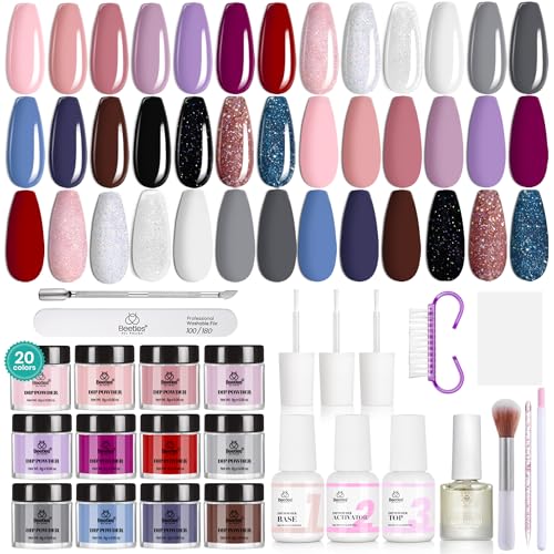 Beetles Dip Powder Nail Kit Starter, 20 Colors Nude Pink Blue Glitter Dipping Powder Set with Base Top Coat Activator for Nail Art Manicure Modern Muse Collection