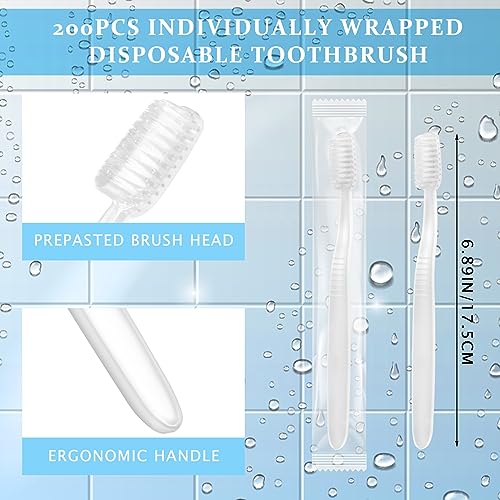 200 Pack Disposable Pre-Pasted Toothbrushes Wrapped - White, Single Use
