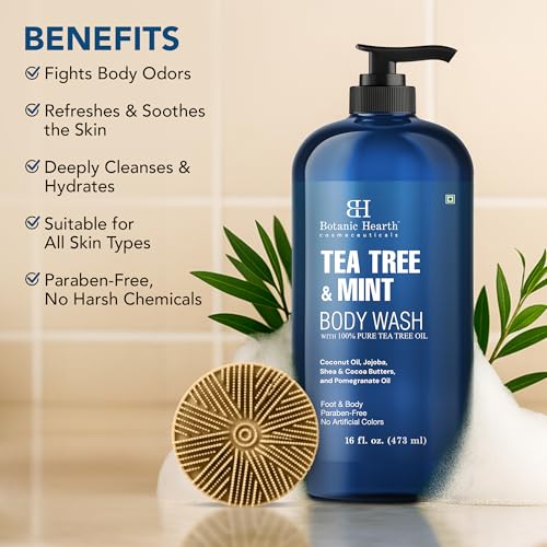 Botanic Hearth Tea Tree & Mint Body Wash with Silicone Body Brush - 16 fl oz, Refreshing Shower Set