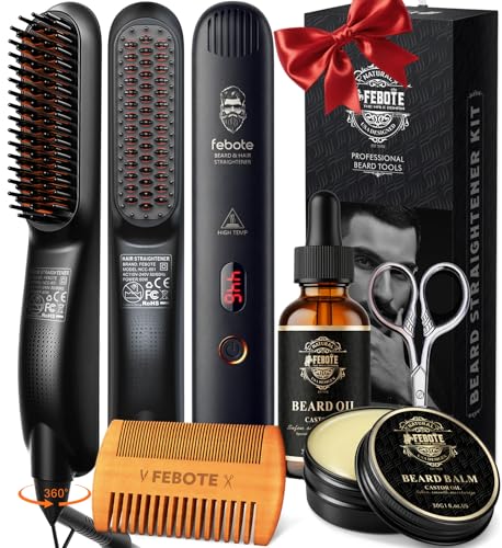 Beard Straightener Kit with Oil, Balm, Comb, Scissors - 5-in-1 Grooming Set