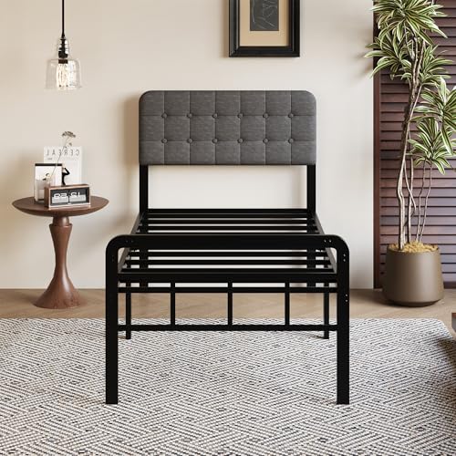 Grey Upholstered Twin Bed Frame with Headboard & Footboard - 18 Inch Support