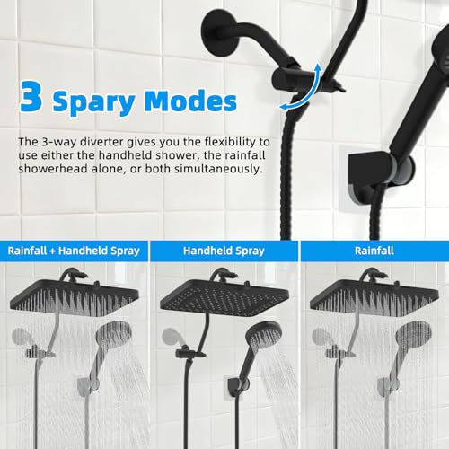 Hibbent Square 13'' Matte Black Rain Shower Head with 5 Spray Settings & Handheld