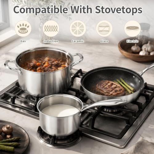 18-Piece Stainless Steel Cookware Set with Nonstick Pots & Pans - Includes Lids & Handles