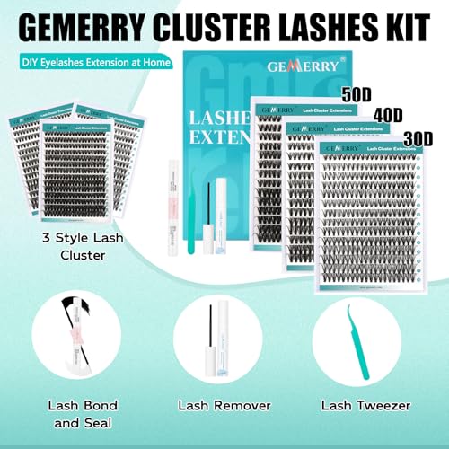 GEMERRY Lash Clusters Kit 30D 40D 50D Mix 10-18mm DIY Eyelash Extension Set with Bond, Tweezers & Remover