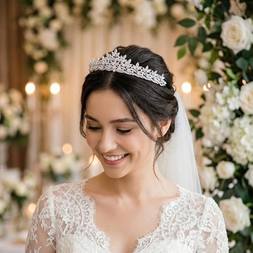 QXMYOO Silver Cubic Zirconia Bridal Tiara Small for Wedding Prom Quinceañera