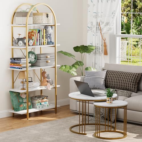 Gold 5-Tier Arched Bookshelf - Industrial Style Curved Tall Bookcase, 31.5 Inch Width