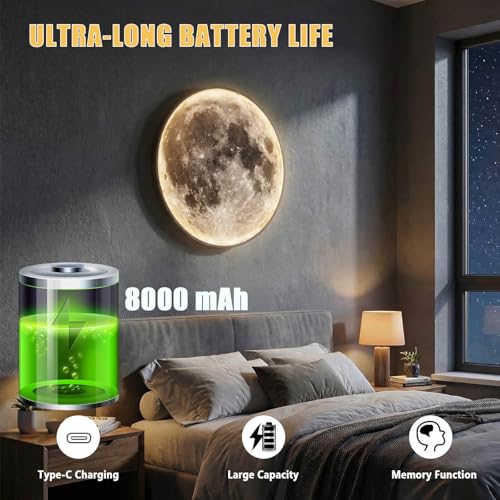 Dimmable Moon Wall Lamp - Rechargeable Battery Operated Indoor Night Light with Remote - 12 Inch
