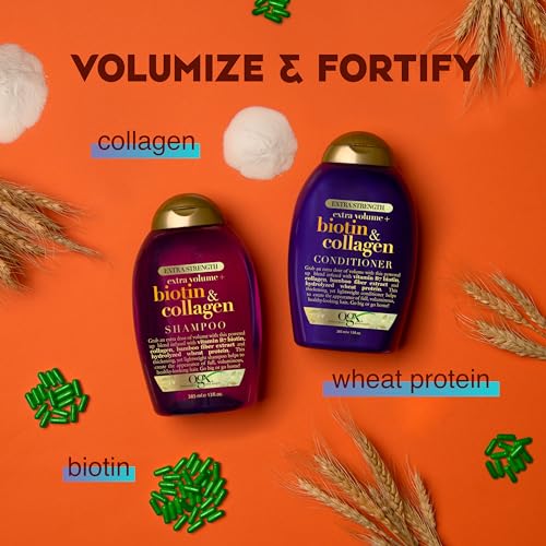OGX Thick & Full + Biotin Collagen Extra Strength Volumizing Shampoo with Vitamin B7 Hydrolyzed Wheat Protein for Fine Hair. Sulfate-Free Surfactants Thicker, Fuller Hair, 13 Fl Oz