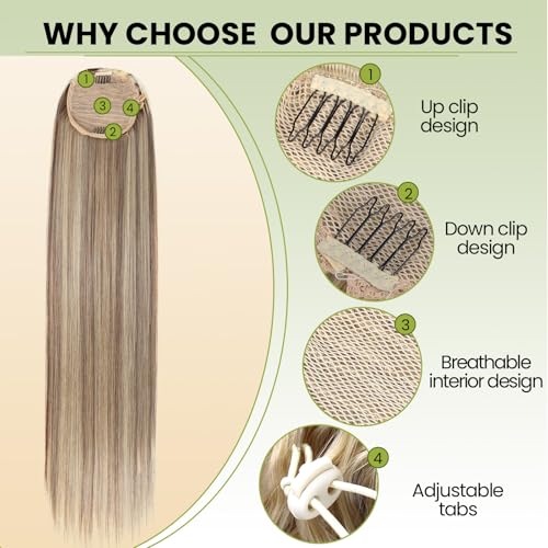 LACE PLUS 32 Inch Synthetic Ponytail Extensions P18/613 Blonde Highlights Clip-In Hairpiece