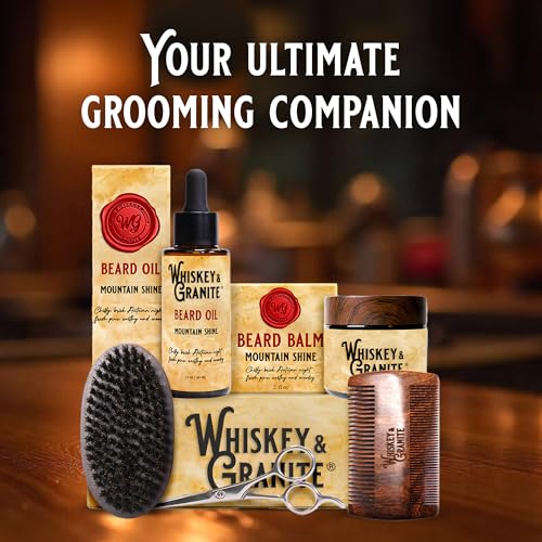 Whiskey & Granite Beard Kit for Men ? 100% Natural Ingredients (Mountain Shine). Includes beard oil and balm, comb, brush, and scissors.