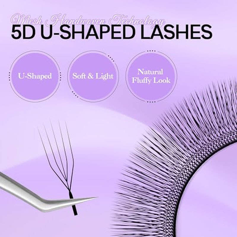 5D U Shape Lash Extensions Easy Fan Russian Volume U Eyelash C/D Curl 0.07mm Natural U Shaped 12 Rows Premade Eye Lashes Supply(Black,0.07C,8-14mm)