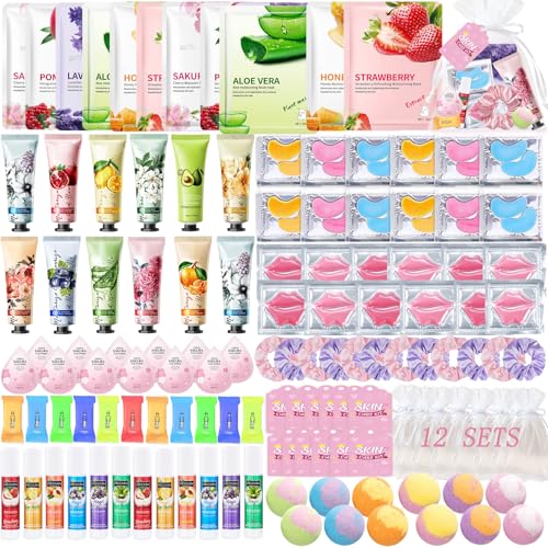 132 Pcs Spa Party Supplies for Woman, Include Facial Mask, Face Cream, Hand Creams, Lip Balms, Under Eye Patches, Lip Mask, Foot Bath Bombs, Sleepover Spa Party Favors Bulk Gifts