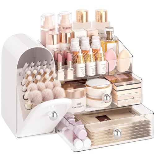 Delamu White Large Vanity Makeup Organizer – 3-in-1 with 27 Compartments