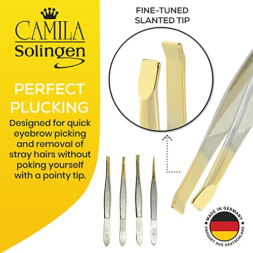 CS29 3 1/2" Gold Tipped, Surgical Grade, German Stainless Steel Tweezers (Slanted) - Flawless Eyebrow and Facial Hair Shaping and Removal for Men/Women