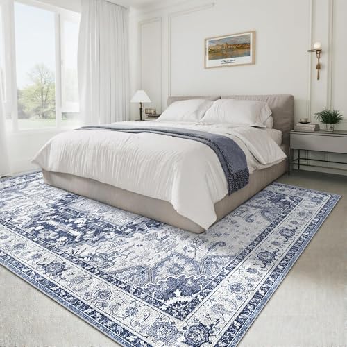 Washable 8x10 Navy Blue Area Rug Non-Slip Living Room Carpet - Kid & Pet Friendly